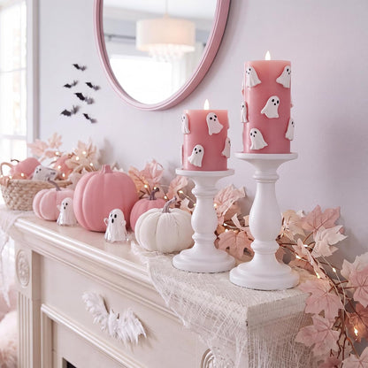 Pink Halloween Flameless Candles 3D Ghost LED Candle with Remote and Timer Spooky Boo Halloween Table Indoor Decor Gifts