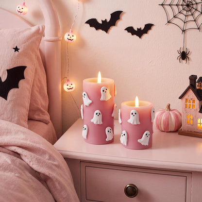 Pink Halloween Flameless Candles 3D Ghost LED Candle with Remote and Timer Spooky Boo Halloween Table Indoor Decor Gifts