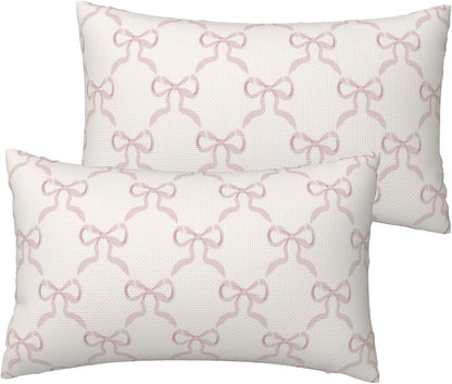 Pink Bow Pillow Covers Cream Ribbon Bow Decorative Throw Pillows Covers 12x20 Inch Set of 2 Bowknot Lumbar Pillow Cover Cushion Cover for Couch Sofa Bedroom