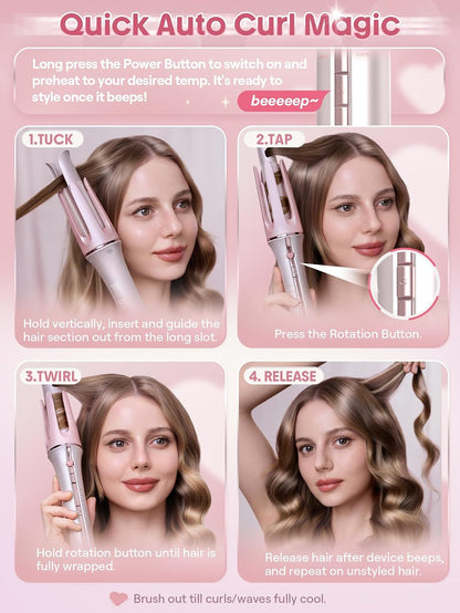 Pink Curling Iron Automatic Gift for Woman (Pink, 1 inch)