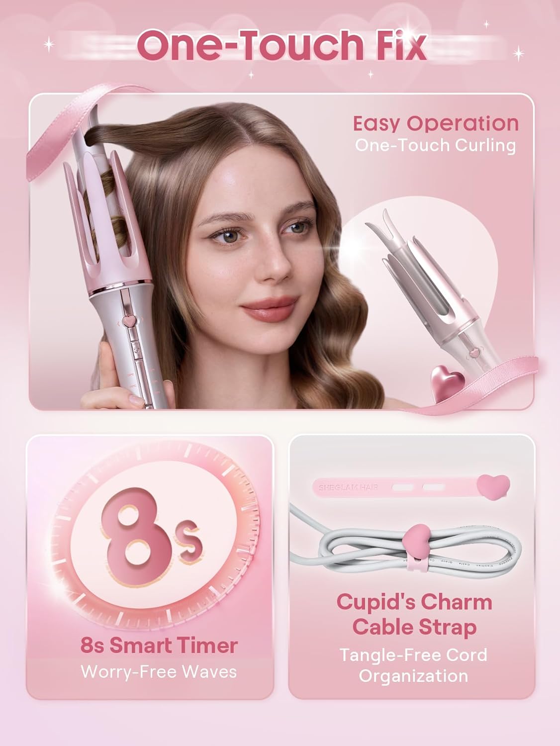 Pink Curling Iron Automatic Gift for Woman (Pink, 1 inch)