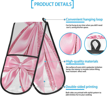 Pink Bow Double Oven Mitt, Heat Resistant Cotton-Lined Oven Gloves, Non-Slip Kitchen Mittens for Baking & Grilling, Kawaii Bow Tie