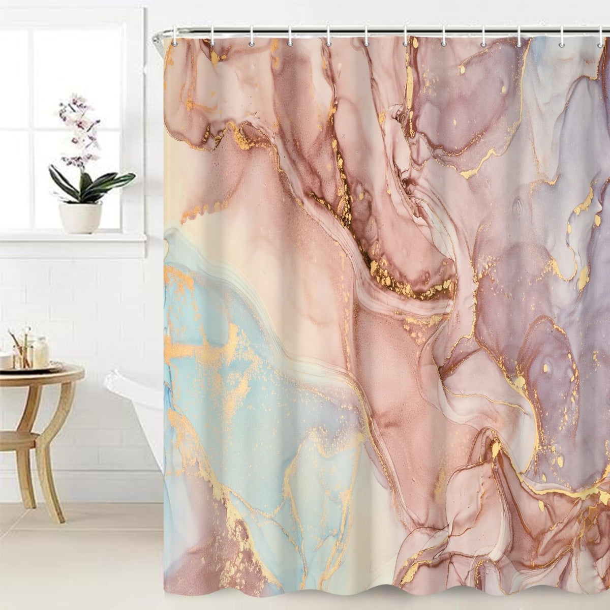 Abstract Pink and Blue Marble Bathroom Shower Curtain Gradient Watercolor Gold Sand Waterproof Shower Curtains with Hooks Modern Art Aesthetic Shower Curtain for Girls Bathroom, 48x72 Inch