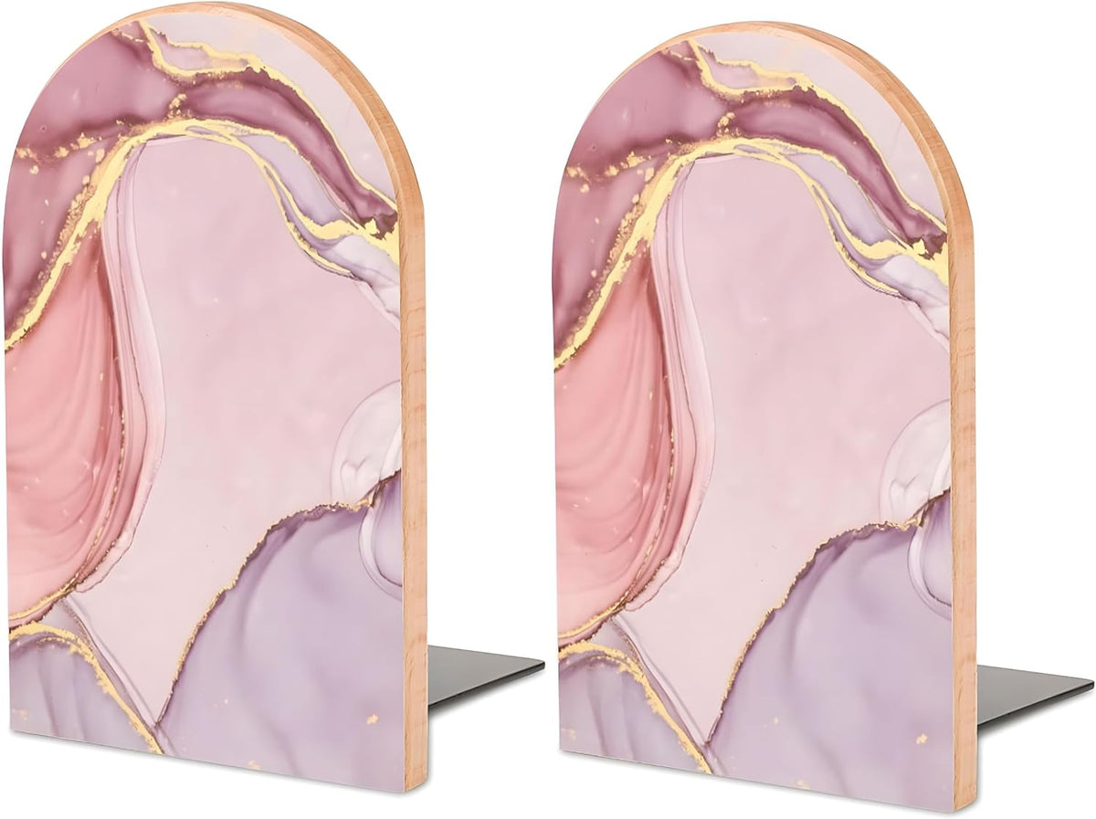 2PCS Pink Wood Bookends for Shelves, Glitter Rose Gold Pink Marble Book Ends Book Stand Supports for Home Office School Study Room Girl Desk Shelves Decor - 1 Pair