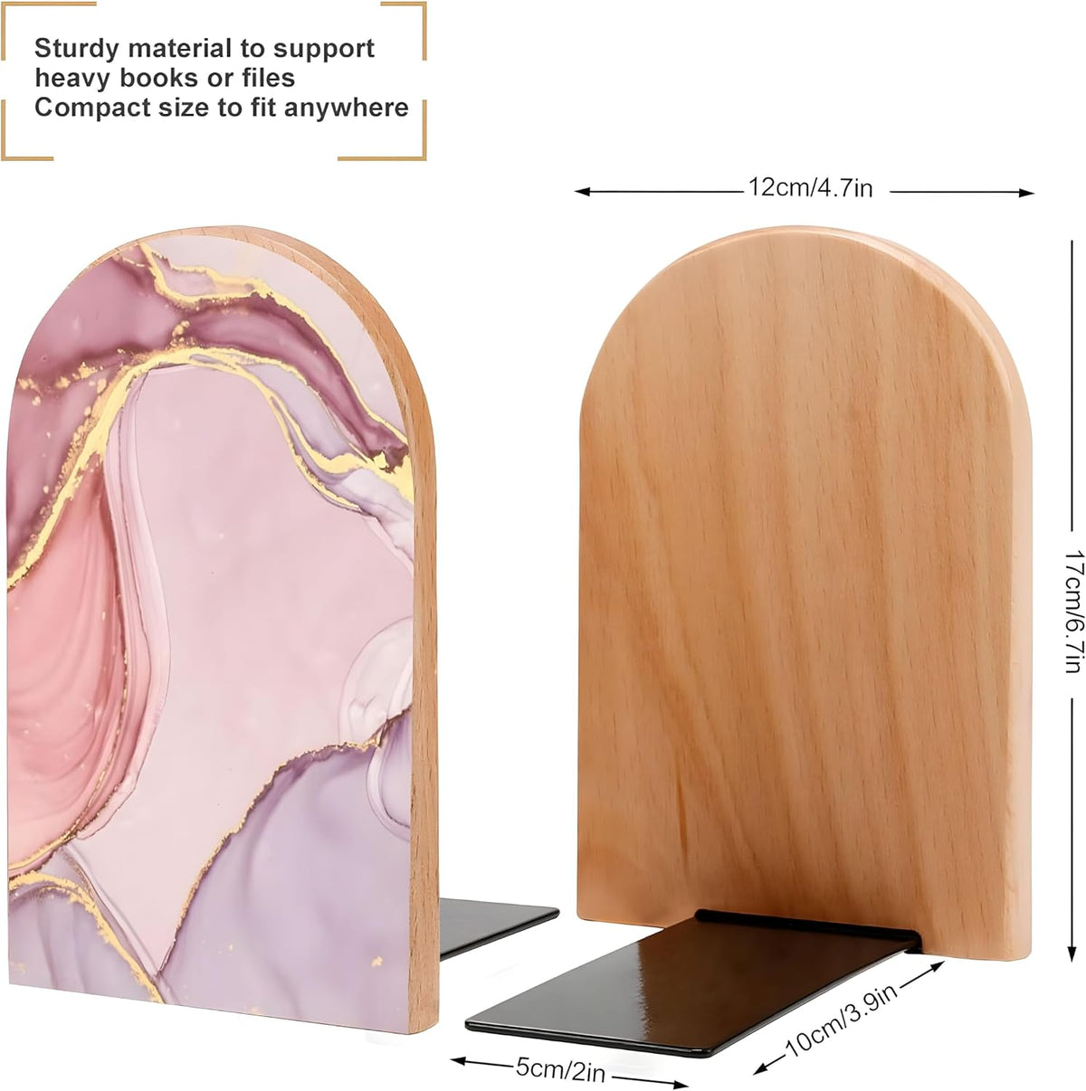 2PCS Pink Wood Bookends for Shelves, Glitter Rose Gold Pink Marble Book Ends Book Stand Supports for Home Office School Study Room Girl Desk Shelves Decor - 1 Pair