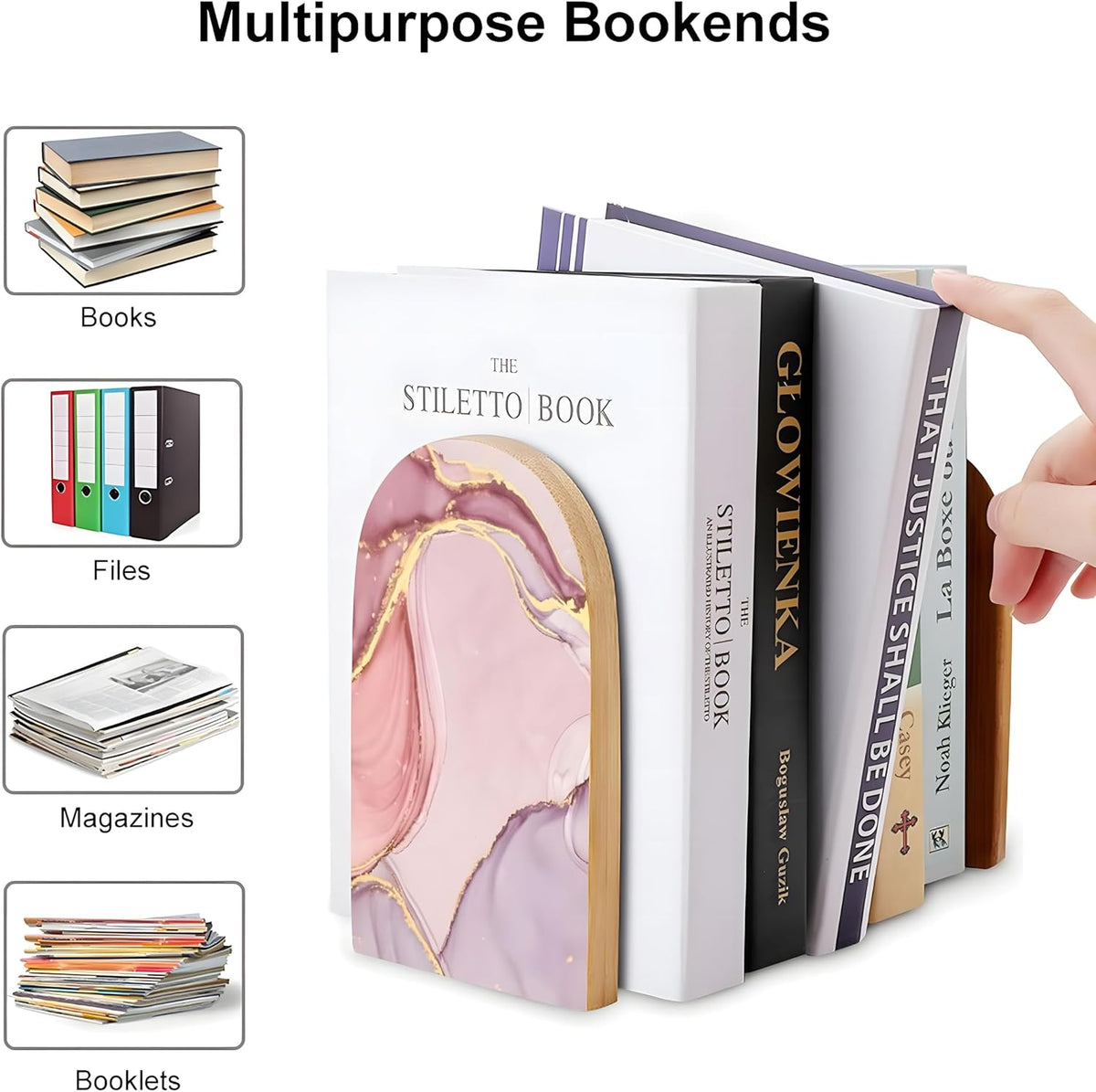 2PCS Pink Wood Bookends for Shelves, Glitter Rose Gold Pink Marble Book Ends Book Stand Supports for Home Office School Study Room Girl Desk Shelves Decor - 1 Pair