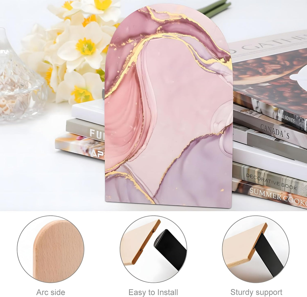 2PCS Pink Wood Bookends for Shelves, Glitter Rose Gold Pink Marble Book Ends Book Stand Supports for Home Office School Study Room Girl Desk Shelves Decor - 1 Pair