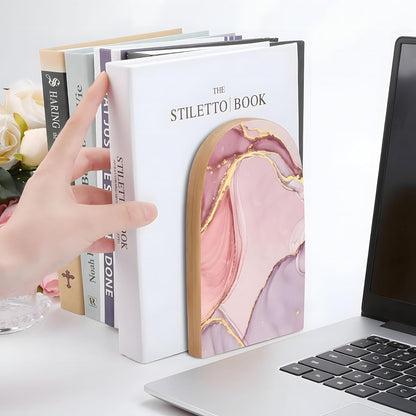 2PCS Pink Wood Bookends for Shelves, Glitter Rose Gold Pink Marble Book Ends Book Stand Supports for Home Office School Study Room Girl Desk Shelves Decor - 1 Pair
