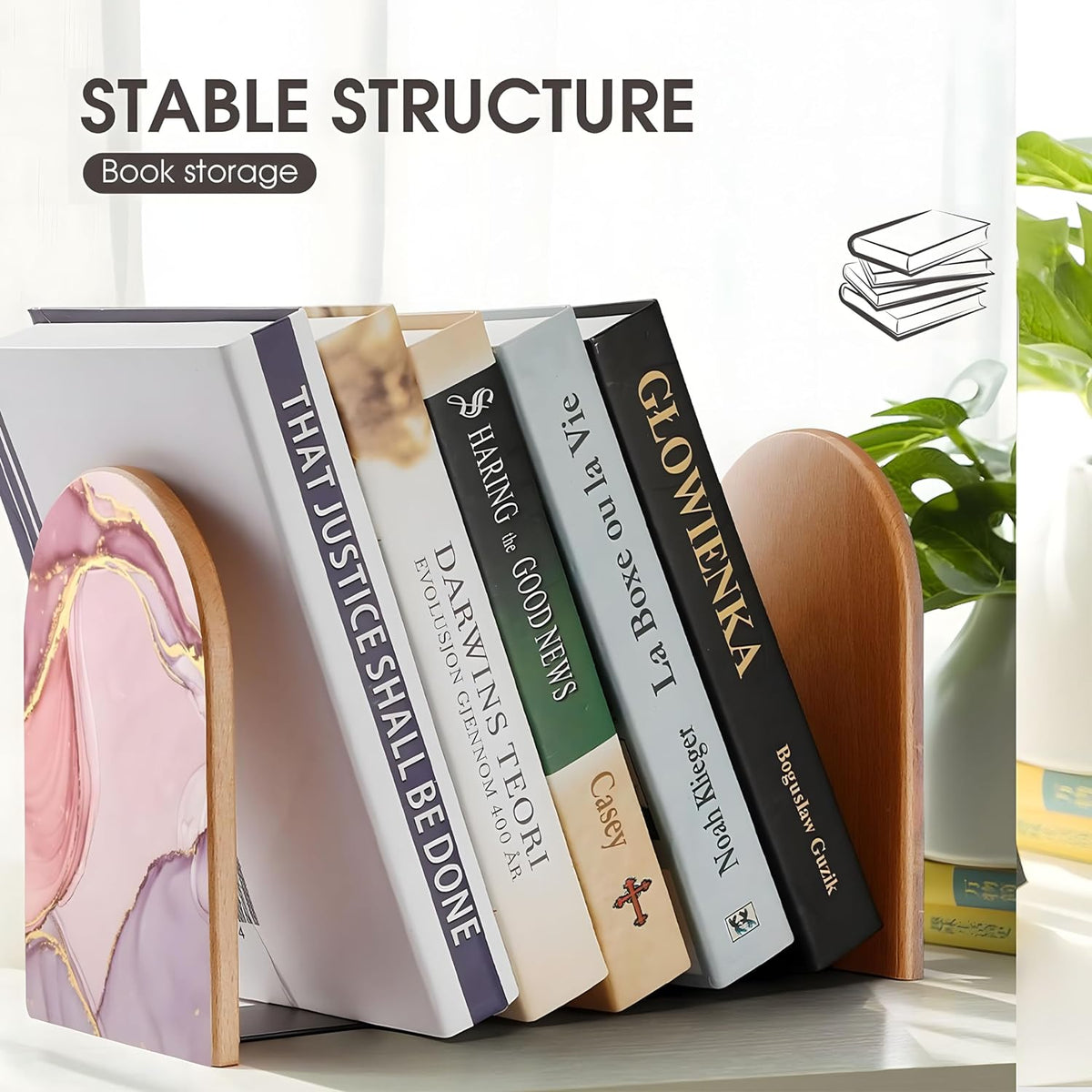 2PCS Pink Wood Bookends for Shelves, Glitter Rose Gold Pink Marble Book Ends Book Stand Supports for Home Office School Study Room Girl Desk Shelves Decor - 1 Pair