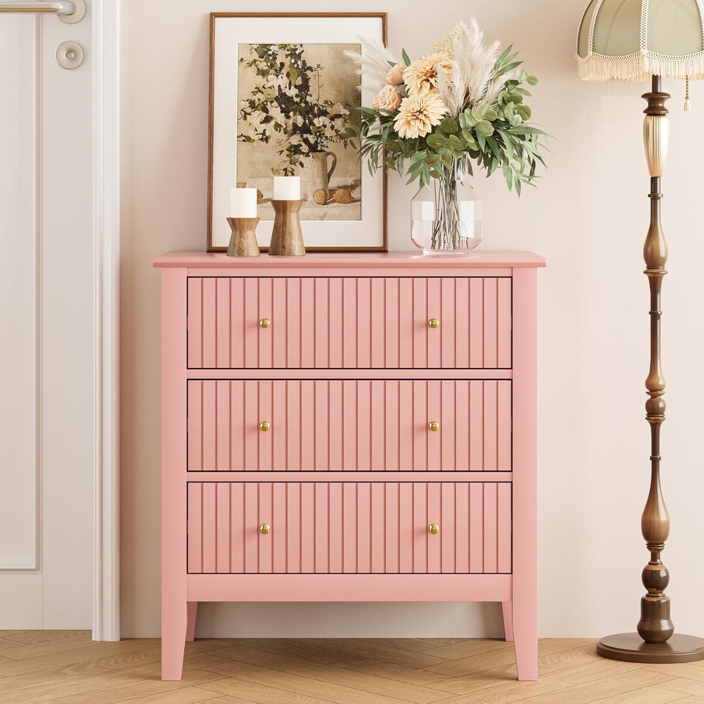 Night Stand, Fluted 3 Drawer Wide Farmhouse Nightstand with Gold Handle, Modern Wooden Bedside End Table for Bedroom, Living Room, Pink