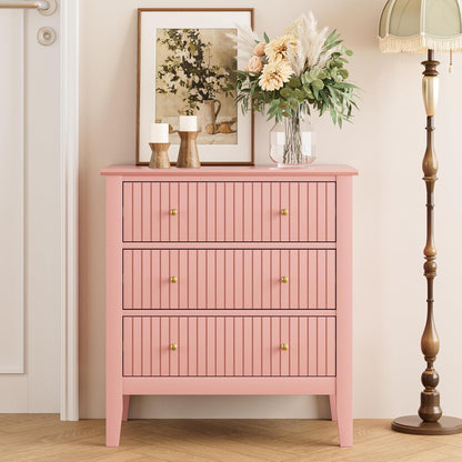 Night Stand, Fluted 3 Drawer Wide Farmhouse Nightstand with Gold Handle, Modern Wooden Bedside End Table for Bedroom, Living Room, Pink