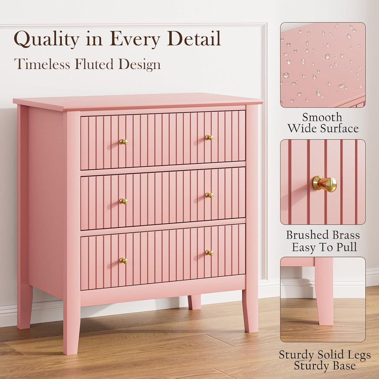 Night Stand, Fluted 3 Drawer Wide Farmhouse Nightstand with Gold Handle, Modern Wooden Bedside End Table for Bedroom, Living Room, Pink