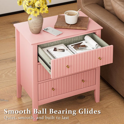 Night Stand, Fluted 3 Drawer Wide Farmhouse Nightstand with Gold Handle, Modern Wooden Bedside End Table for Bedroom, Living Room, Pink