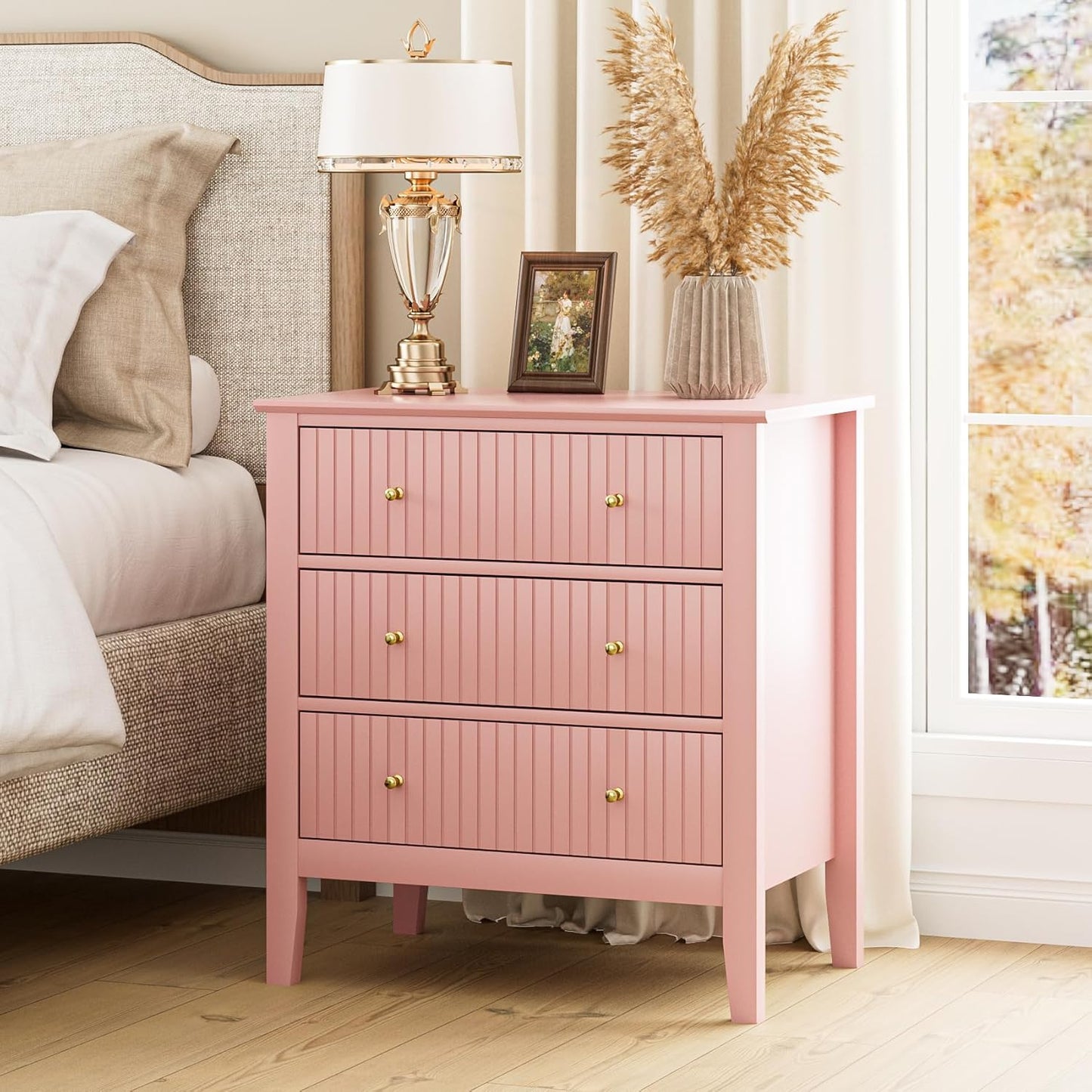 Night Stand, Fluted 3 Drawer Wide Farmhouse Nightstand with Gold Handle, Modern Wooden Bedside End Table for Bedroom, Living Room, Pink