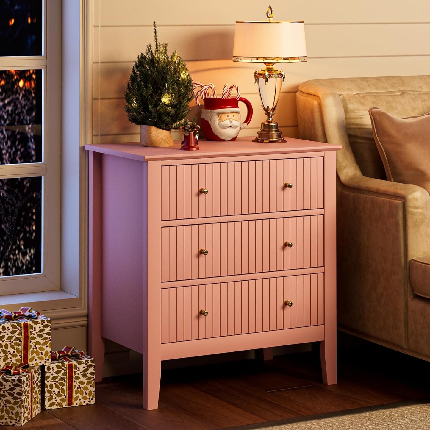 Night Stand, Fluted 3 Drawer Wide Farmhouse Nightstand with Gold Handle, Modern Wooden Bedside End Table for Bedroom, Living Room, Pink