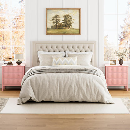 Night Stand, Fluted 3 Drawer Wide Farmhouse Nightstand with Gold Handle, Modern Wooden Bedside End Table for Bedroom, Living Room, Pink