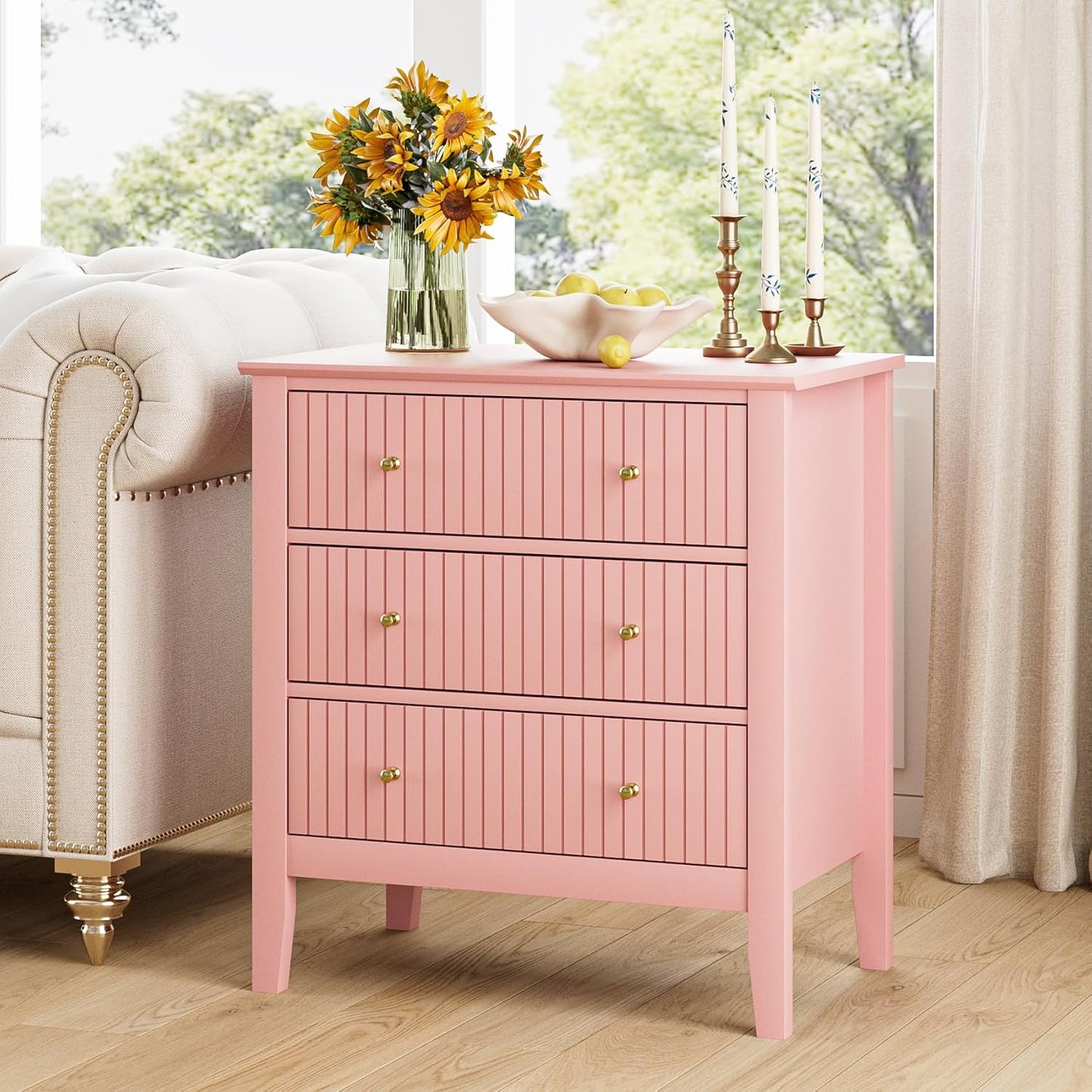 Night Stand, Fluted 3 Drawer Wide Farmhouse Nightstand with Gold Handle, Modern Wooden Bedside End Table for Bedroom, Living Room, Pink