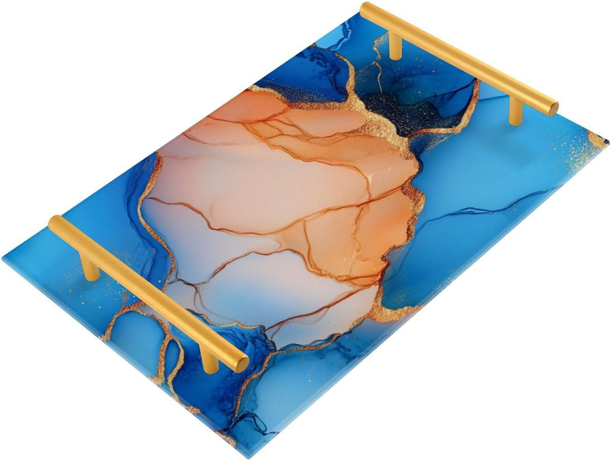Marble Royal Blue Peach Decorative Carrying Tray with Handles Trays for Eating On for Jewelry Perfume for Farmhouse Serving bandeja para mesa de sala