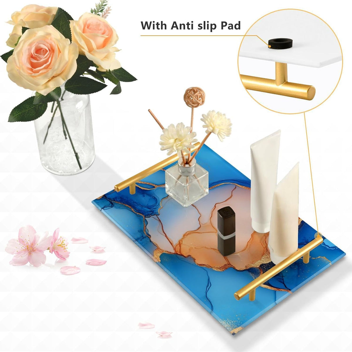 Marble Royal Blue Peach Decorative Carrying Tray with Handles Trays for Eating On for Jewelry Perfume for Farmhouse Serving bandeja para mesa de sala
