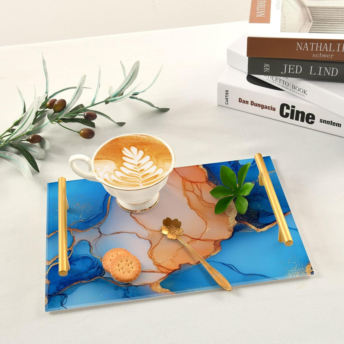 Marble Royal Blue Peach Decorative Carrying Tray with Handles Trays for Eating On for Jewelry Perfume for Farmhouse Serving bandeja para mesa de sala