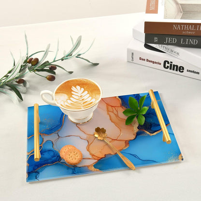 Marble Royal Blue Peach Decorative Carrying Tray with Handles Trays for Eating On for Jewelry Perfume for Farmhouse Serving bandeja para mesa de sala