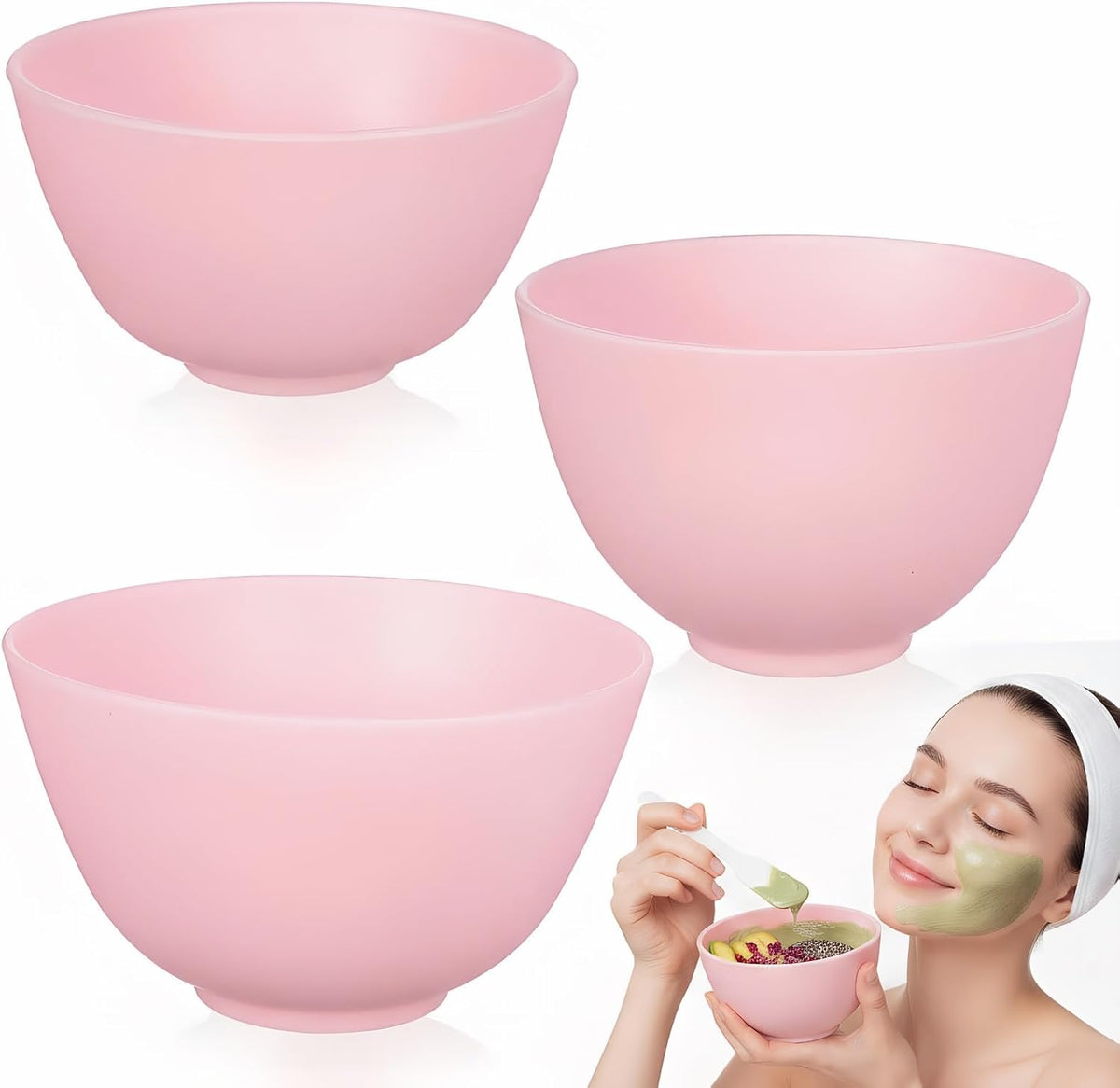 Silicone Mixing Bowls for Face Mask: 3 Sizes Pink Plastic Facial Mud Bowls Set Reusable Stackable Esthetician Tool for Women Home Salon Spa Face Skincare
