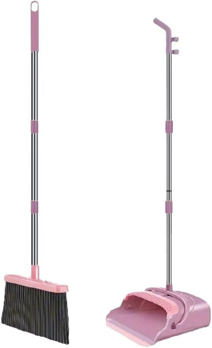 Upright Broom and Dustpan Set - Long Handle for No-Bending Comfort, 3 Rows Dense Bristles for Deep Sweeping, Suitable for Home, Office, Kitchen, Lobby, Shop, Indoor & Outdoor Spaces, Pink & Purple