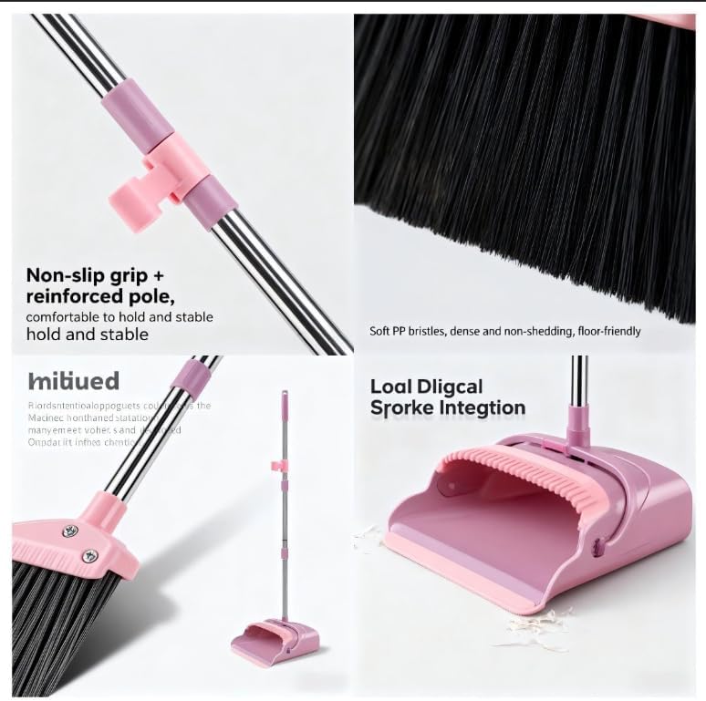 Upright Broom and Dustpan Set - Long Handle for No-Bending Comfort, 3 Rows Dense Bristles for Deep Sweeping, Suitable for Home, Office, Kitchen, Lobby, Shop, Indoor & Outdoor Spaces, Pink & Purple