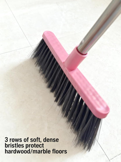 Upright Broom and Dustpan Set - Long Handle for No-Bending Comfort, 3 Rows Dense Bristles for Deep Sweeping, Suitable for Home, Office, Kitchen, Lobby, Shop, Indoor & Outdoor Spaces, Pink & Purple
