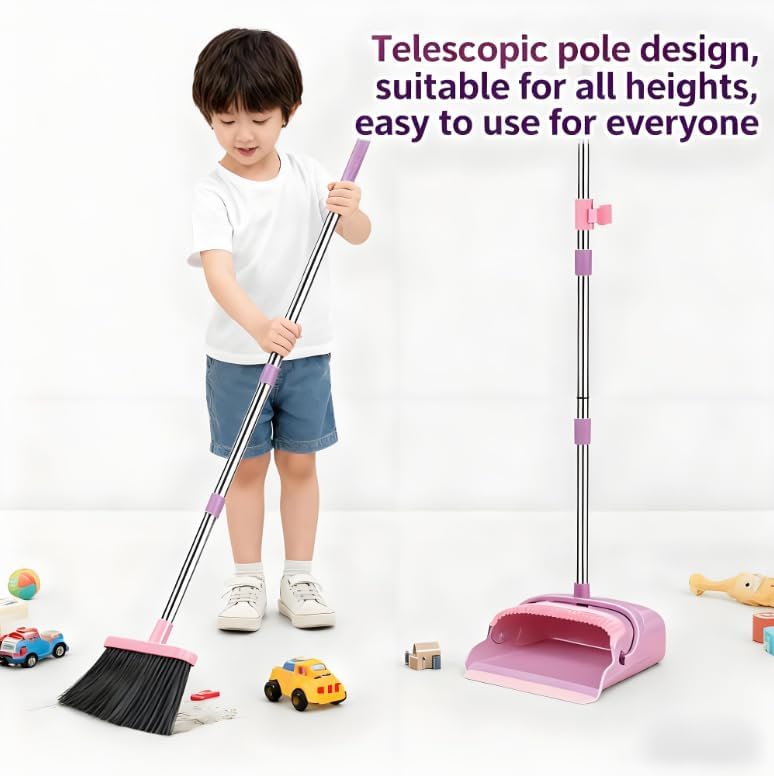 Upright Broom and Dustpan Set - Long Handle for No-Bending Comfort, 3 Rows Dense Bristles for Deep Sweeping, Suitable for Home, Office, Kitchen, Lobby, Shop, Indoor & Outdoor Spaces, Pink & Purple