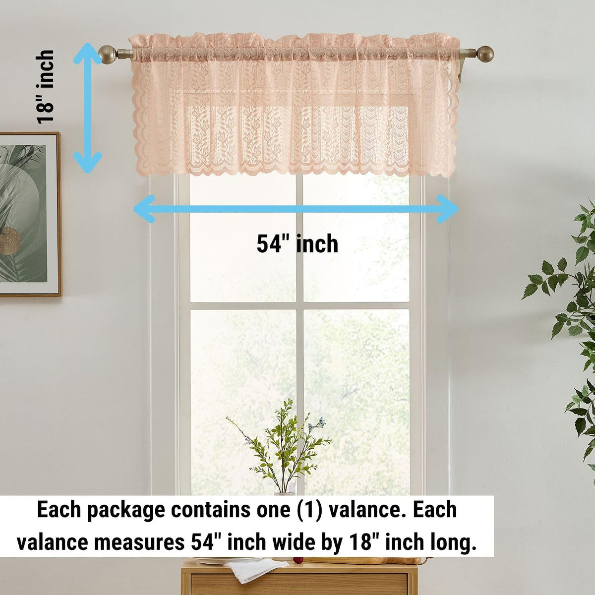 HLC.ME Sophia Floral Rod Pocket Lace Semi Sheer Voile Short Valance for Small Windows & Bathroom - 54 x 18 Inch Length (Blush Pink Valance)