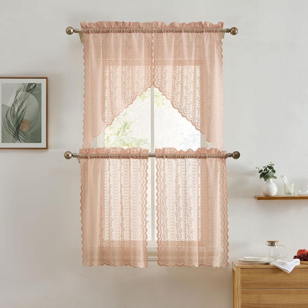 HLC.ME Sophia Floral Rod Pocket Lace Semi Sheer Voile Short Valance for Small Windows & Bathroom - 54 x 18 Inch Length (Blush Pink Valance)
