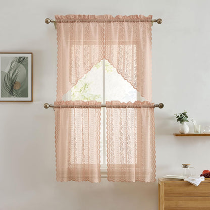 HLC.ME Sophia Floral Rod Pocket Lace Semi Sheer Voile Short Valance for Small Windows & Bathroom - 54 x 18 Inch Length (Blush Pink Valance)