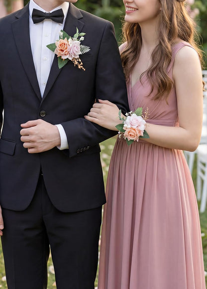 Dusty Pink Corsage and Boutonniere Set for Wedding Prom