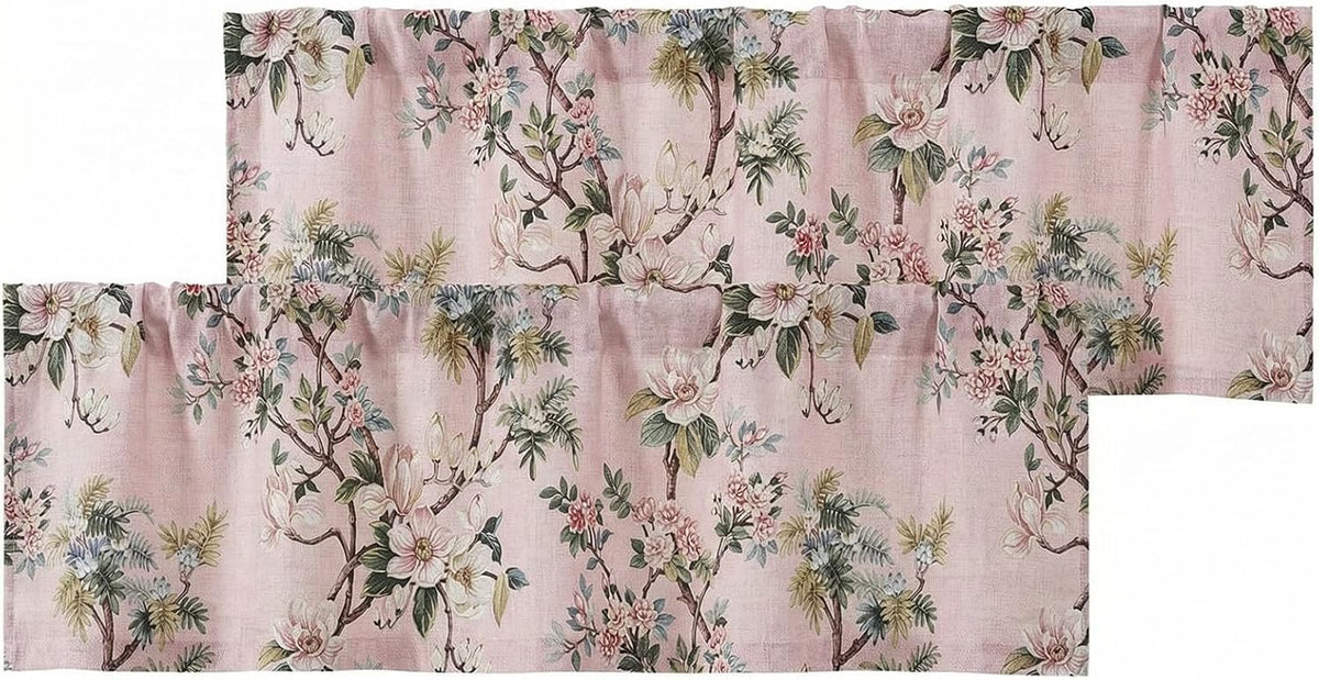 Light Pink Linen Floral Valance Curtains 14 Inch 2 Panels for Kitchen, Light Blocking Narrow Cafe Window Curtains for Basement RV Camper Windows, Farmhouse Basement Panels, 52" W x 14" L