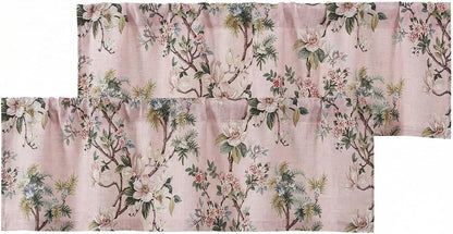 Light Pink Linen Floral Valance Curtains 14 Inch 2 Panels for Kitchen, Light Blocking Narrow Cafe Window Curtains for Basement RV Camper Windows, Farmhouse Basement Panels, 52" W x 14" L