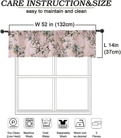 Light Pink Linen Floral Valance Curtains 14 Inch 2 Panels for Kitchen, Light Blocking Narrow Cafe Window Curtains for Basement RV Camper Windows, Farmhouse Basement Panels, 52" W x 14" L