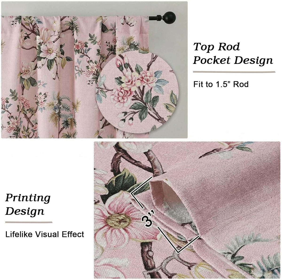 Light Pink Linen Floral Valance Curtains 14 Inch 2 Panels for Kitchen, Light Blocking Narrow Cafe Window Curtains for Basement RV Camper Windows, Farmhouse Basement Panels, 52" W x 14" L