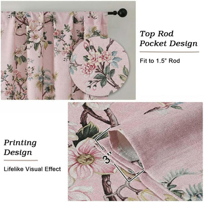 Light Pink Linen Floral Valance Curtains 14 Inch 2 Panels for Kitchen, Light Blocking Narrow Cafe Window Curtains for Basement RV Camper Windows, Farmhouse Basement Panels, 52" W x 14" L