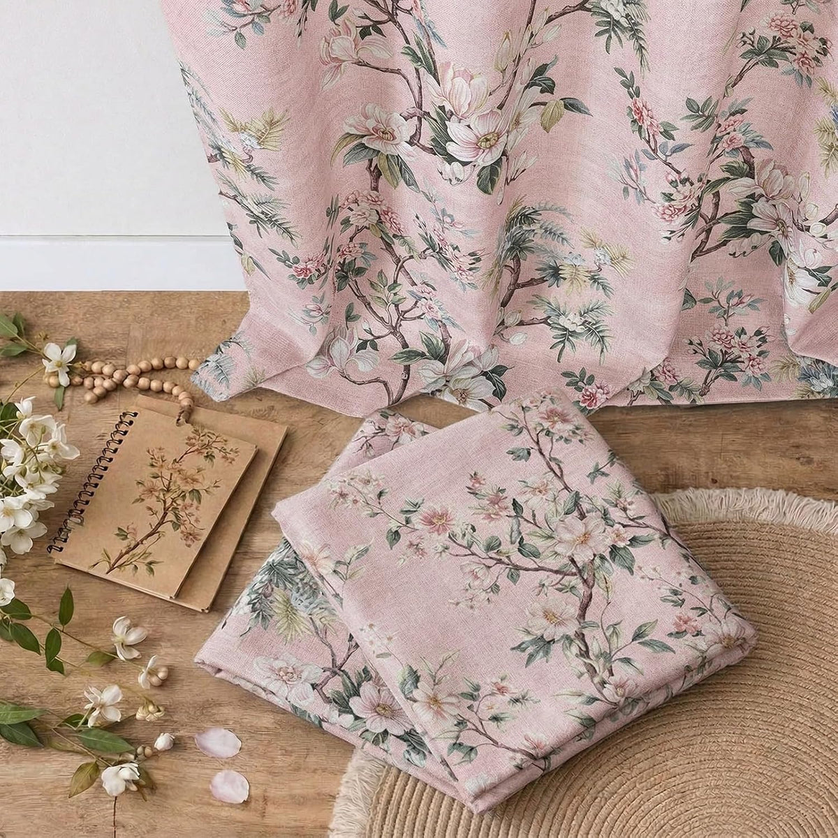 Light Pink Linen Floral Valance Curtains 14 Inch 2 Panels for Kitchen, Light Blocking Narrow Cafe Window Curtains for Basement RV Camper Windows, Farmhouse Basement Panels, 52" W x 14" L