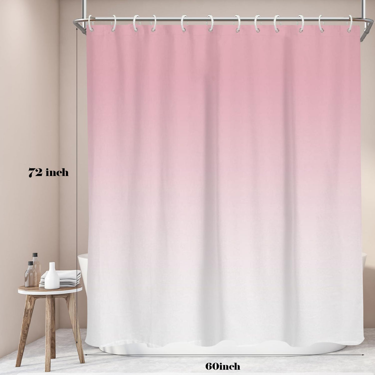 Pink White Shower Curtains, Ombre, 12 Hooks, 60" W x 72" L