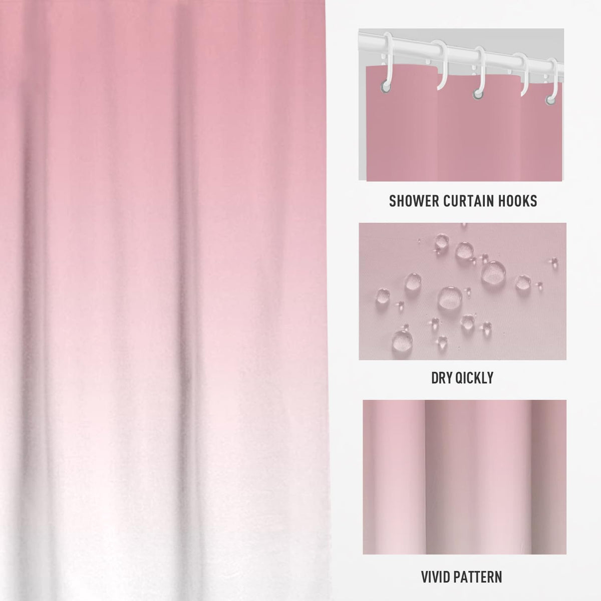 Pink White Shower Curtains, Ombre, 12 Hooks, 60" W x 72" L