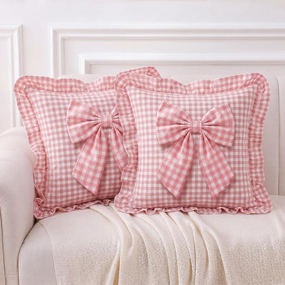 2 Pack Pink Gingham Ruffle Throw Pillow Covers with Bow