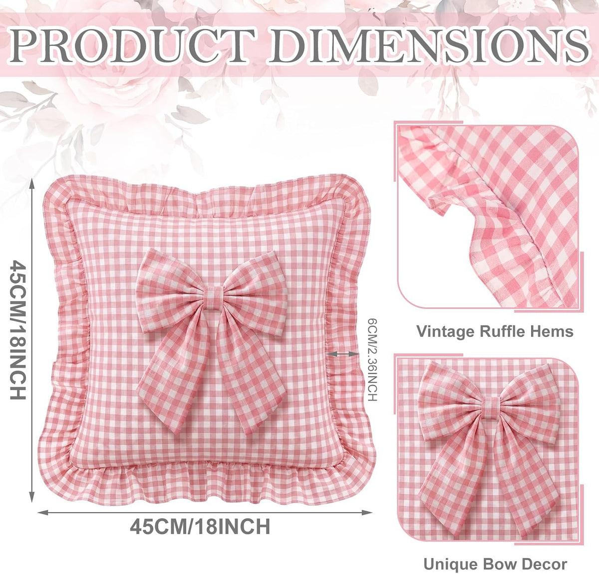2 Pack Pink Gingham Ruffle Throw Pillow Covers with Bow