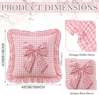 2 Pack Pink Gingham Ruffle Throw Pillow Covers with Bow
