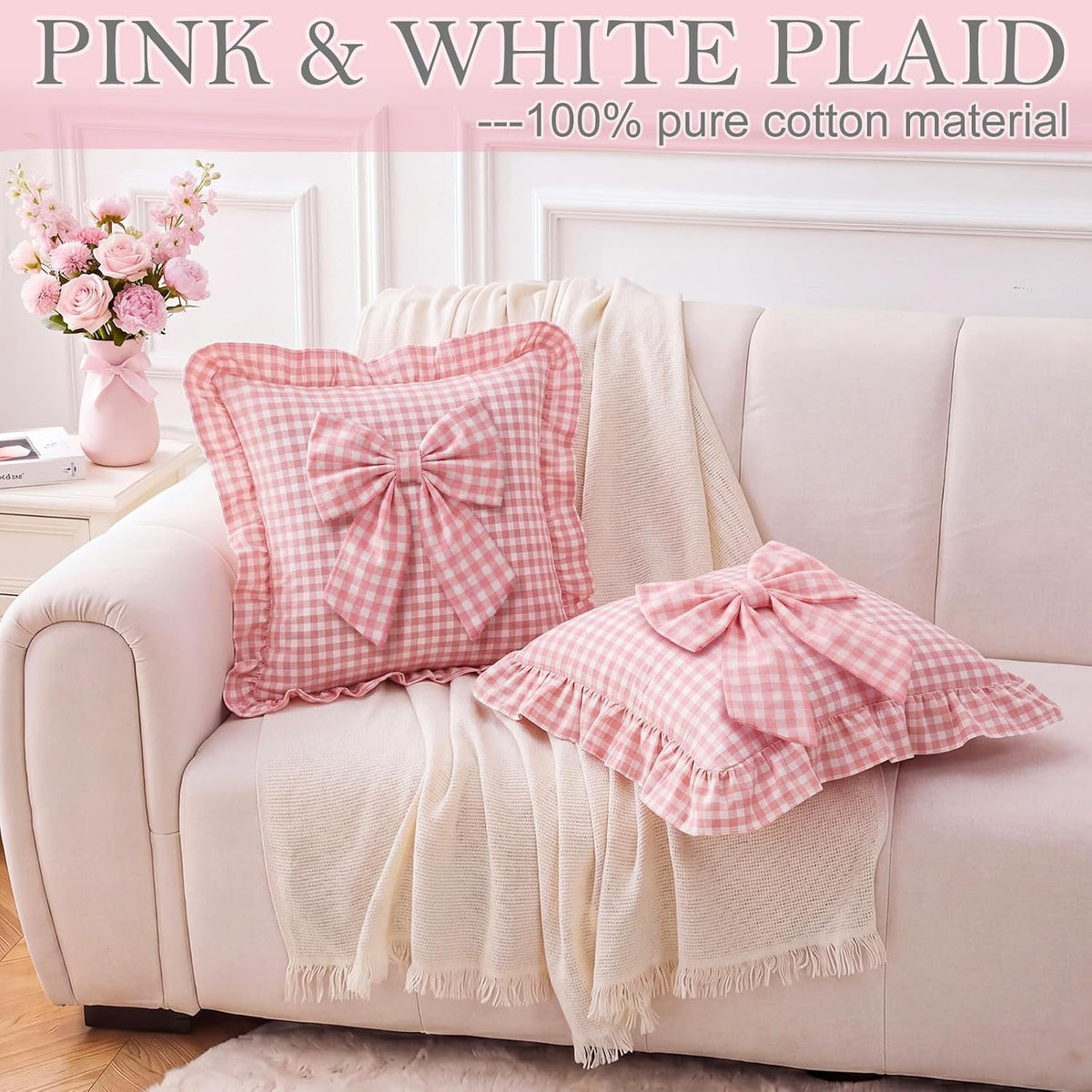 2 Pack Pink Gingham Ruffle Throw Pillow Covers with Bow