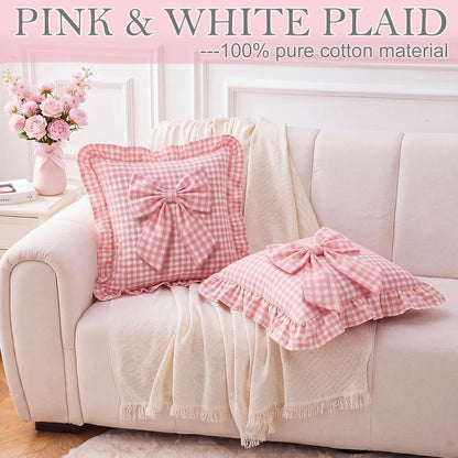 2 Pack Pink Gingham Ruffle Throw Pillow Covers with Bow