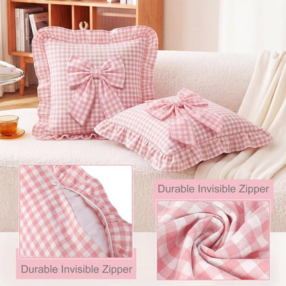 2 Pack Pink Gingham Ruffle Throw Pillow Covers with Bow