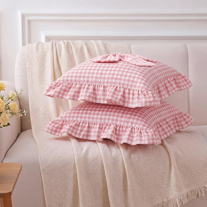 2 Pack Pink Gingham Ruffle Throw Pillow Covers with Bow