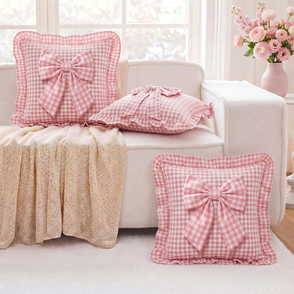 2 Pack Pink Gingham Ruffle Throw Pillow Covers with Bow
